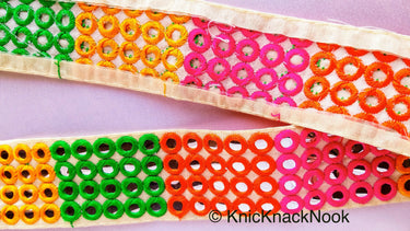 Black / Beige Fabric Mirrored Trim With Green, Orange, Yellow And Pink Embroidery With Mirrors